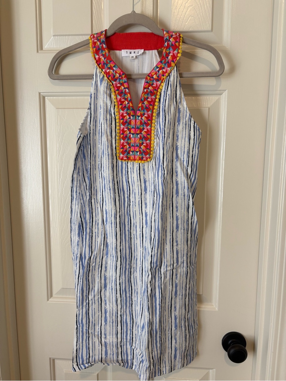 THML Blue and White Striped Mini Dress with Multicolor Embroidered Neckline